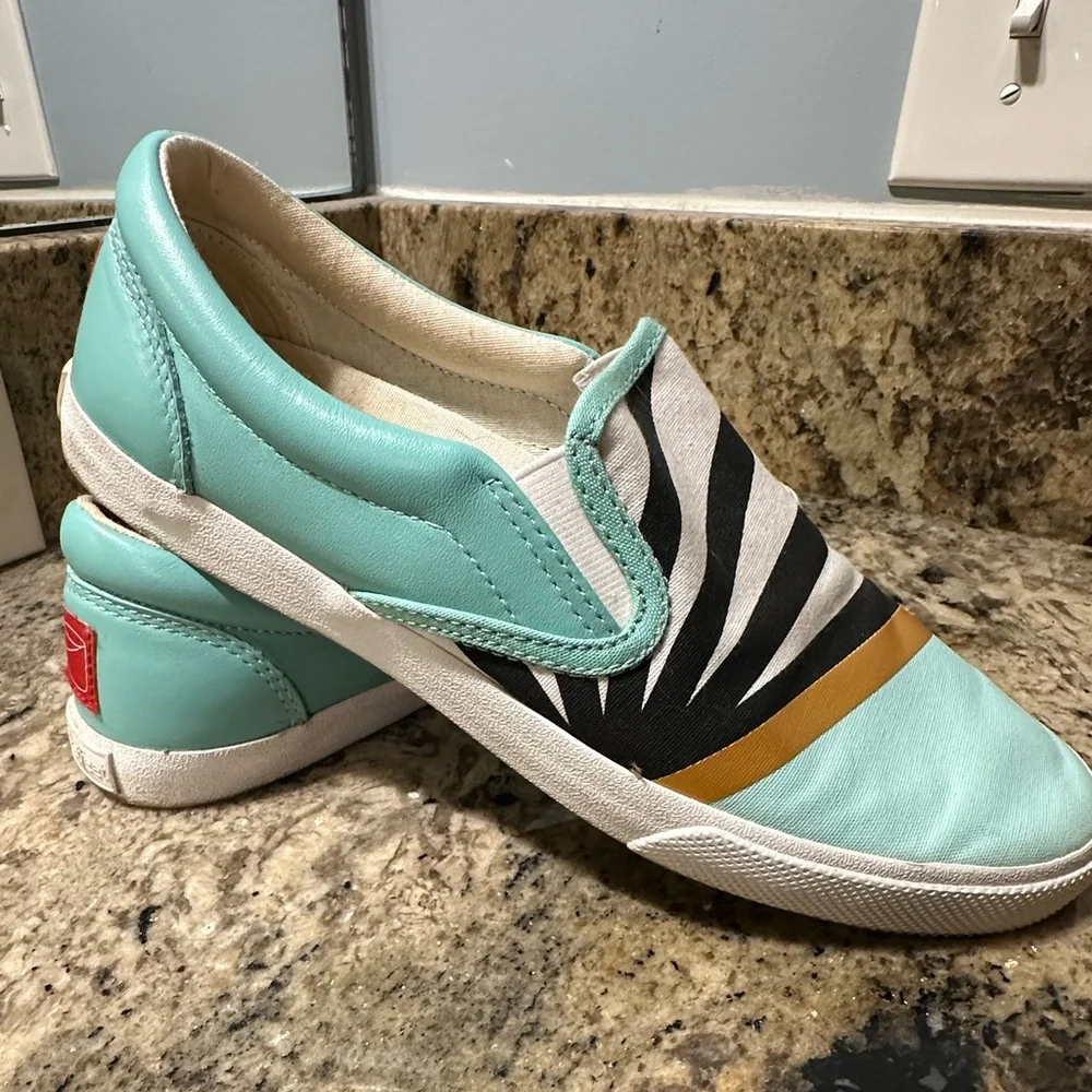 Bucket Feet canvas, and leather‎ Aqua and Gold Slip-On Shoes
